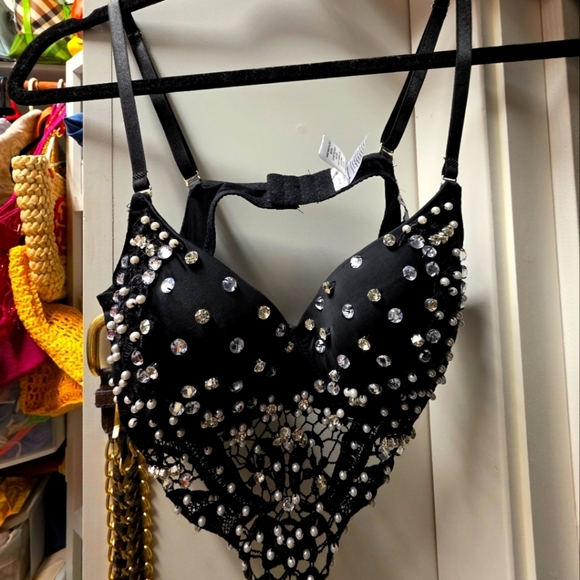 Black Beaded Bra with Silver Accents - Picture 1 of 2